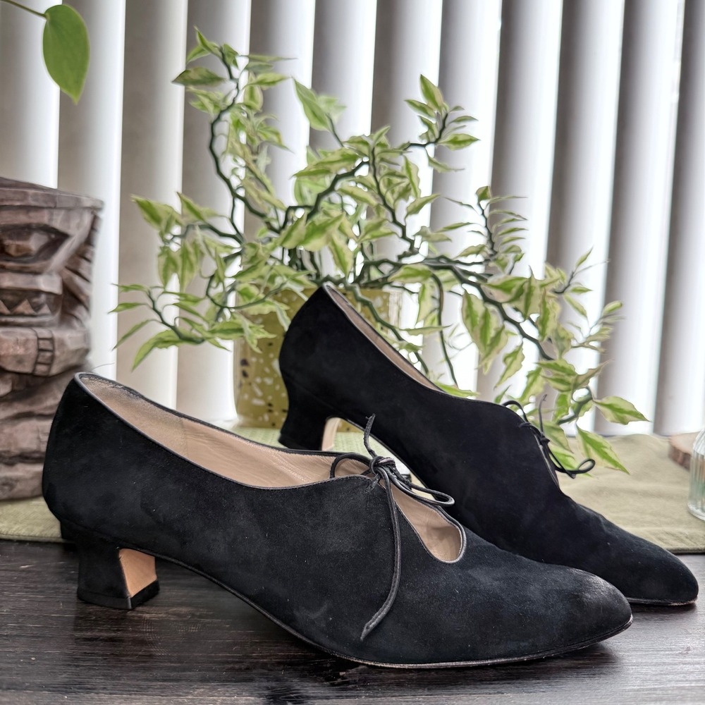 Ferragamo Black Kitten Heel Pumps with Laces